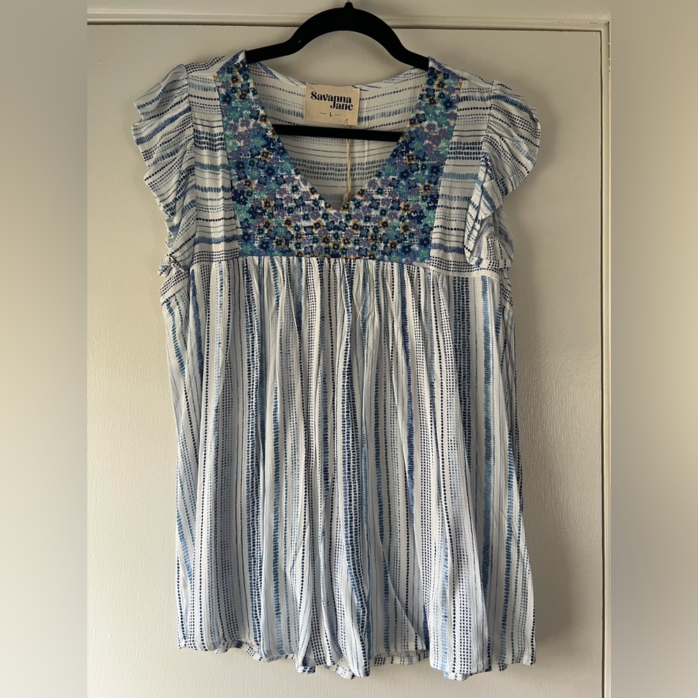 NWT Savanna Jane Boutique Embroidered Blouse Blue Large Purple Stripe Floral